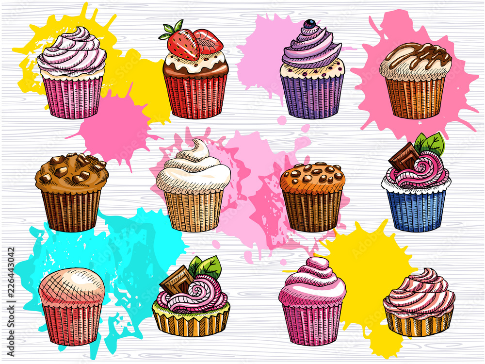 Cupcakes vector set isolated. Colorful cakes collection. Sweet cream, sugar  icing, lunch, break time, strawberry, chocolate sprinkles muffin. Hand  drawn vector Stock Vector