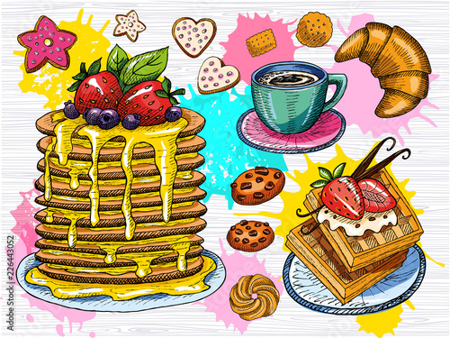 Colorful sweet breakfast set. Panckakes crepes, waffie, cup of coffee, cookies, strawberry chocolate desserts, vanilla sticks, croissant. Sketch style, color splash. Hand drawn vector illustration