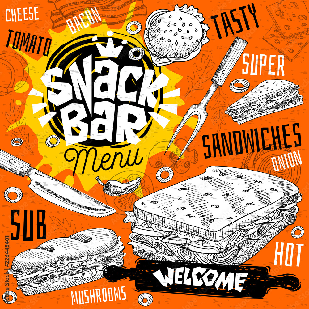 Snack bar cafe restaurant menu. Vector sandwiches fast food poster