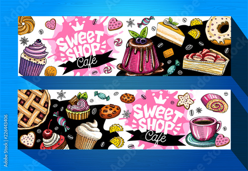 Sweet shop cafe banners template. Colorful sweets labels, emblem. Lettering, design, pastry, croissant, candy, cookie, colorful, splash, coffee, doodle, yummy. Hand drawn vector illustration