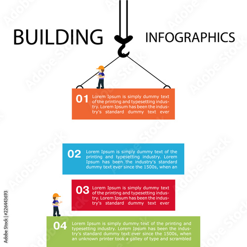 Building of infographics. Template construction sites or other projects. Vector illustration of a construction crane and people colored blocks blue, green, red.