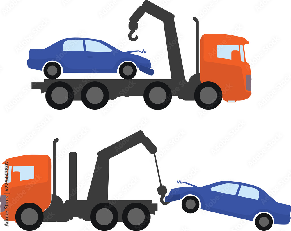 Tow truck vector set towing a wrecked car after accident