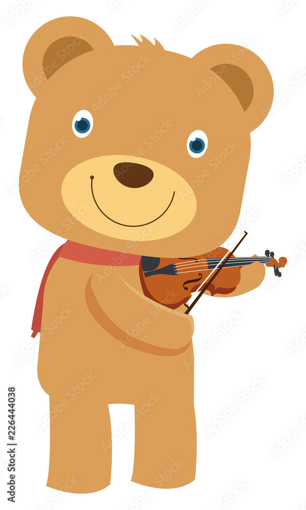 Fototapeta premium Happy cute brown teddy bear playing violin in flat vector style