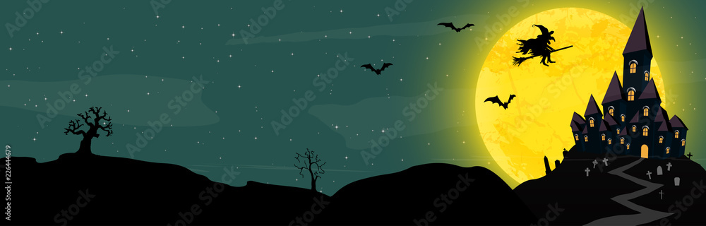 Obraz premium Halloween castle and witch in front of a full moon