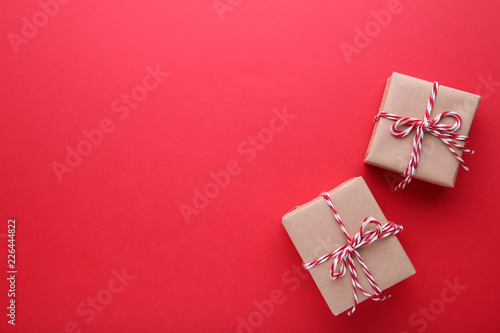 Christmas gifts presents on a red background. photo