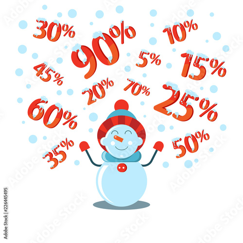 Christmas discounts. Black Friday. A set of numbers in the snow. Snowman catches discounts