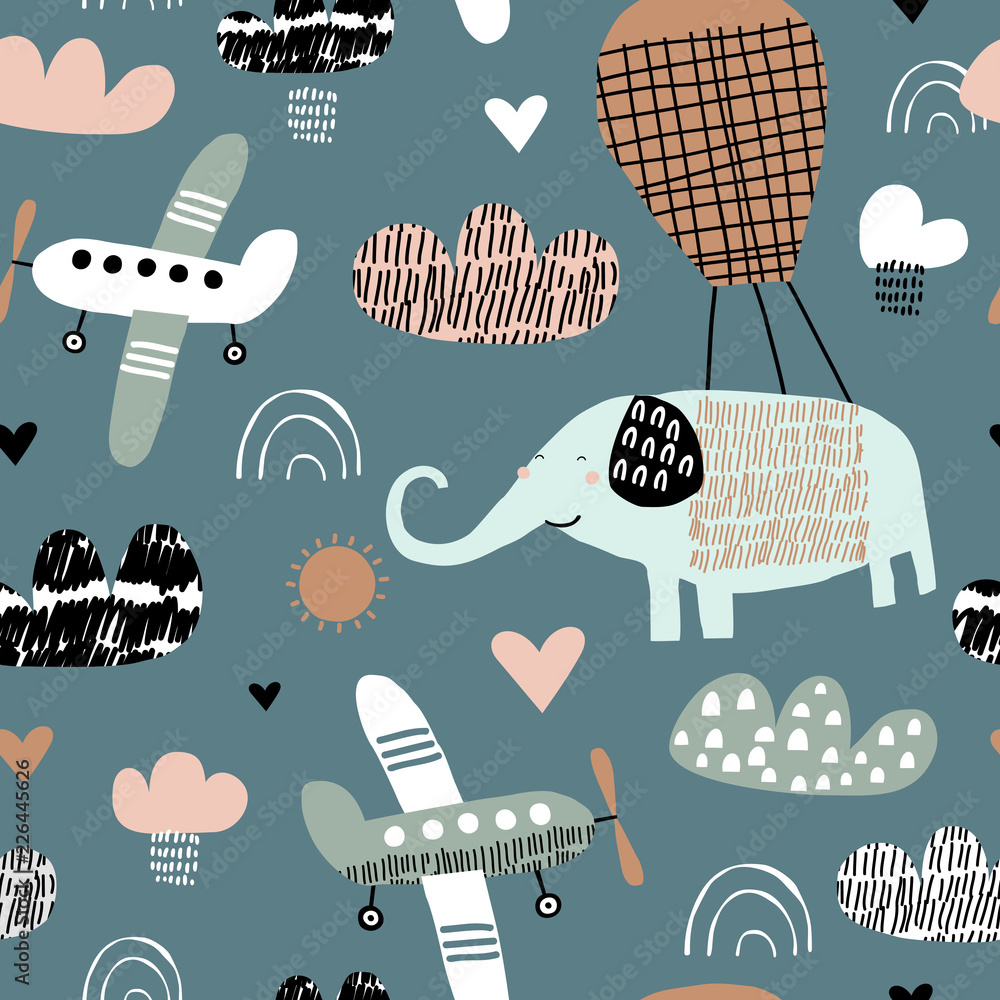 Cartoon elephant in a balloon with clouds on fabric
