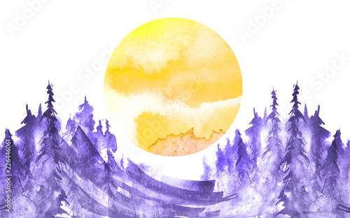 Watercolor painting, picture, 
landscape - blue forest, nature, tree. blue    winterr trees, fir, pine, yellow sun. It can be used as logo, card, illustration. photo