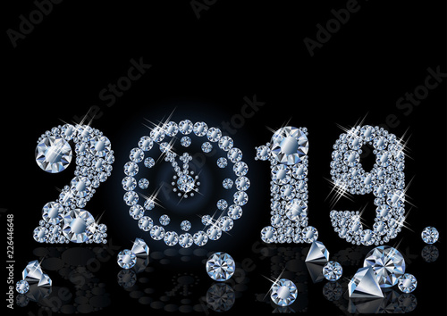 Diamond wallpaper with xmas clock, Happy New 2019 Year, vector illustration