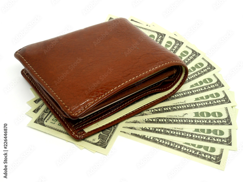 Wallet and 100 dollar isolated on white background. investment for concept Wallet and 100 dollar isolated on white background. investment for concept