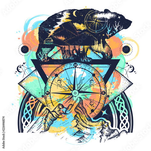 Bear double exposure watercolor splashes style, mountains, compass, tattoo art. Tourism symbol, adventure, great outdoor. Bear grizzly silhouette t-shirt design