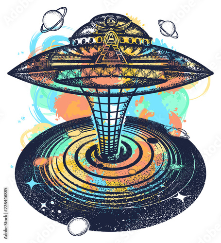 Ufo and black hole tattoo and t-shirt design watercolor splashes style. Symbol of science, astronomy, gravitational waves, curvature of space and time. Wormhole. UFO sci-fi art