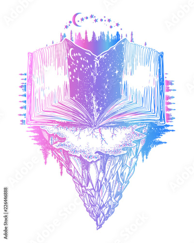 Open book tattoo and t-shirt design. Symbol of wisdom, education, knowledge, literatures, poetry, reading