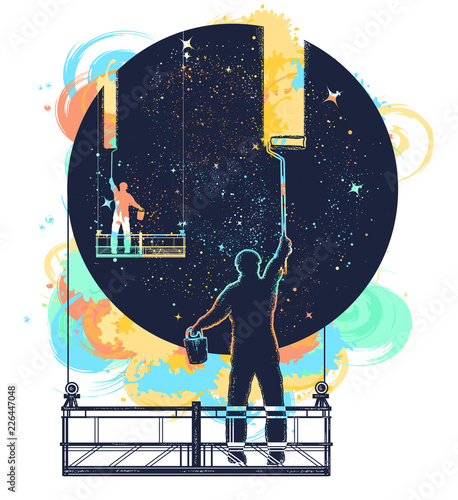 Window cleaners wash universe, surreal tattoo watercolor splashes style. Symbol of clarification, psychology, creative art. People clean Universe, workers washing windows t-shirt design