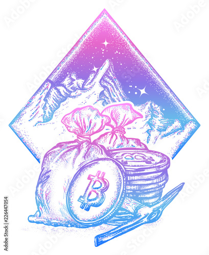 Bitcoin and mountains, new gold rush tattoo and t-shirt design. Cryptocurrency art
