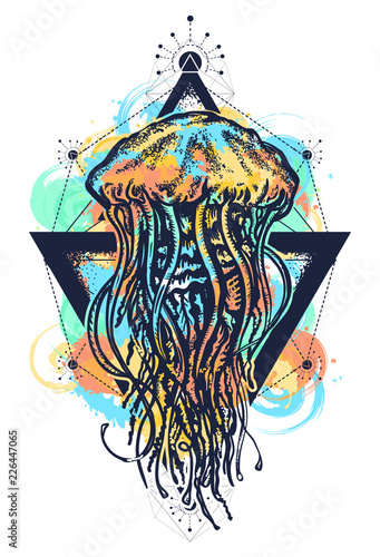 Jellyfish tattoo geometric watercolor splashes style. Mystical symbol of adventure, dreams, deep sea art t-shirt print design poster textile