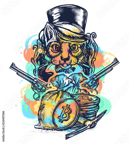 Cat robber tattoo watercolor splashes style. Сat gentleman with revolvers plunders cryptocurrency and bitcoins. Hacking and darknet