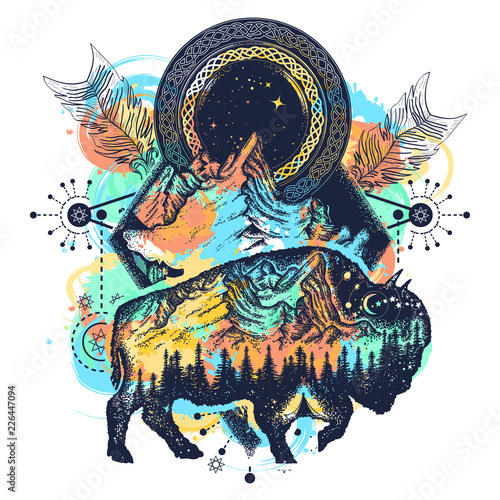 Bison and mountains t-shirt design watercolor splashes style, tattoo. Bison double exposure, mountains, crossed arrows. Tourism symbol, adventure, great outdoor