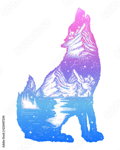 Wolf double exposure tattoo art. Symbol tourism, travel, adventure, outdoor