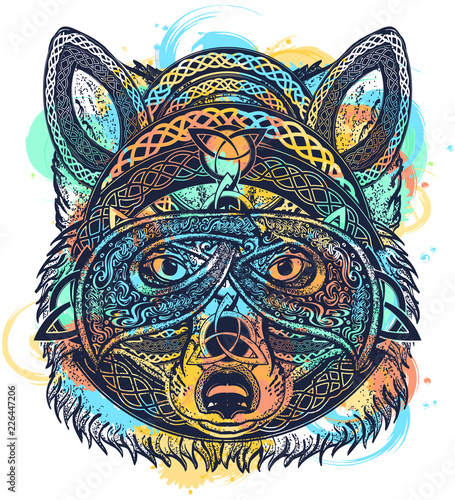 Celtic fox tattoo watercolor splashes style. Wolf t-shirt design art animals. North art. Animals in ethnic style