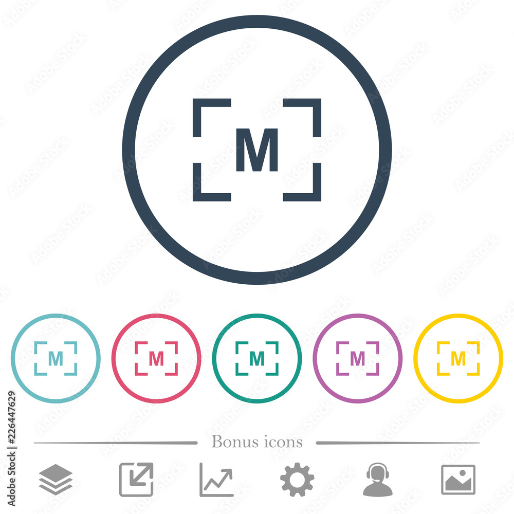 Camera manual settings mode flat color icons in round outlines Camera manual settings mode flat color icons in round outlines