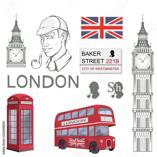 Sherlock Holmes vector, London, ilustration with Sherlock Holmes, Baker street 221B, Sherlock Holmes hat, famous London private detective, detective with smoking pipe, London style, cartoon detective