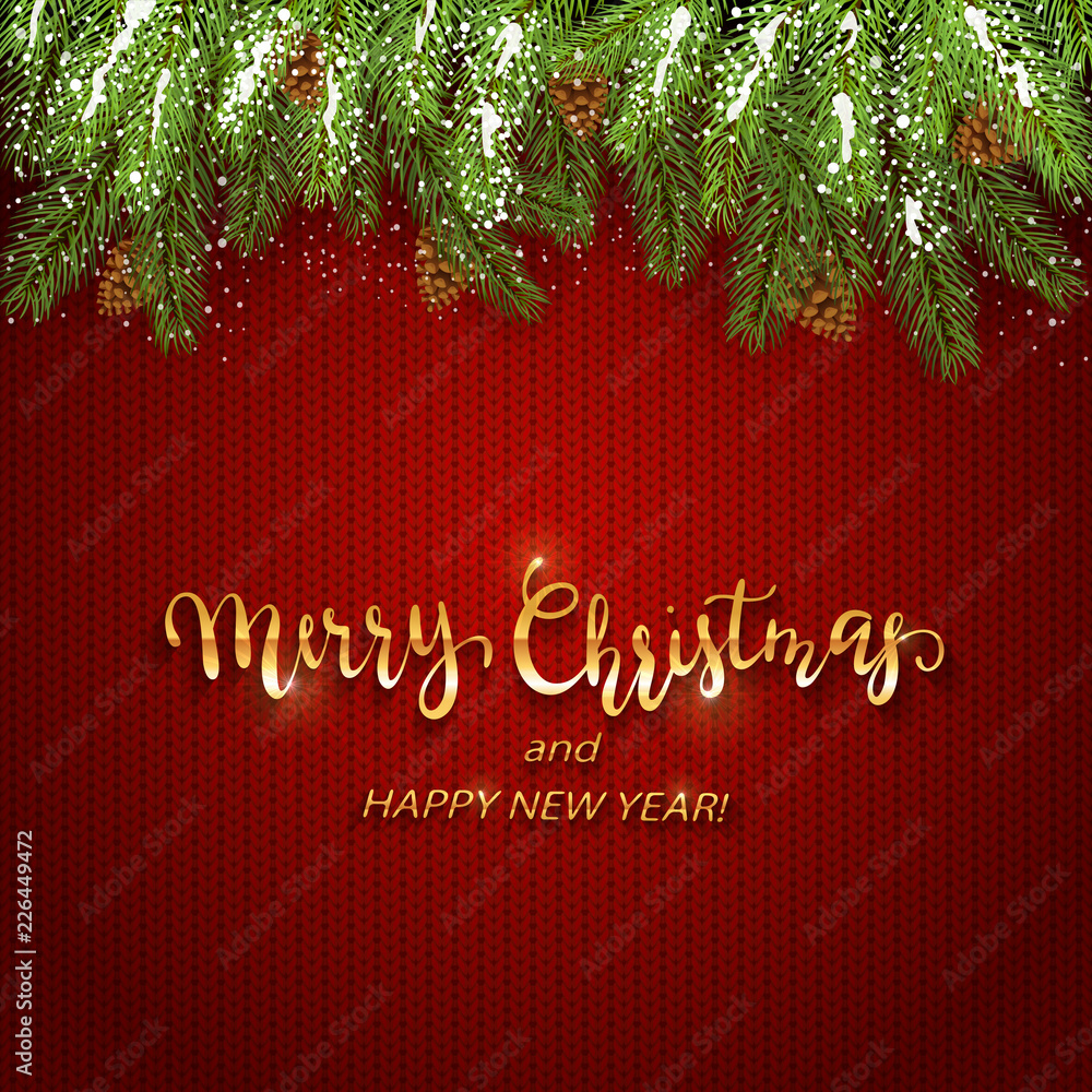 Christmas lettering on red knitted background with fir tree branches and snow