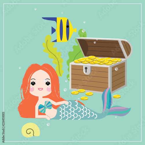 Cute little mermaid with sea animals. Under the sea in cartoon style, Vector illustration.