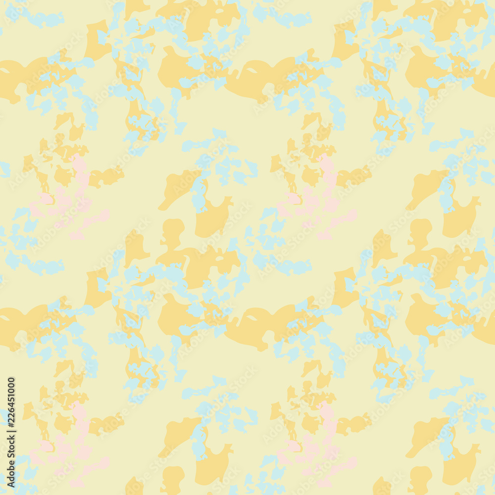UFO military camouflage seamless pattern in light blue, yellow and pink colors UFO military camouflage seamless pattern in light blue, yellow and pink colors