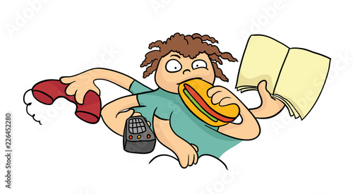 Many-armed cartoon lazy man. Vector illustration, isolated on white.