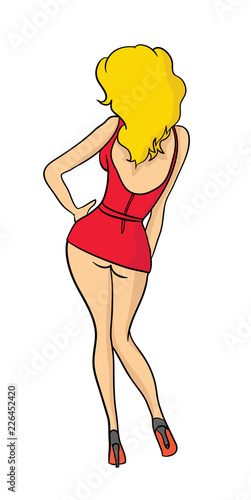 Sexy cartoon girl in a miniskirt, seen from behind. Vector illustration, isolated on white.