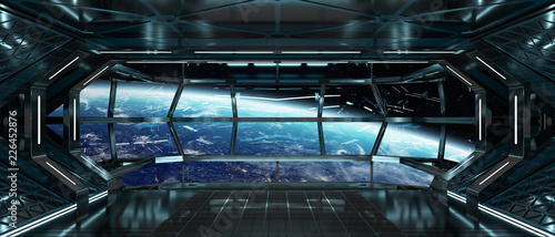 Fototapeta Naklejka Na Ścianę i Meble -  Spaceship interior with view on Earth 3D rendering elements of this image furnished by NASA