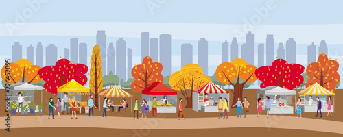 Outdoor festival with food trucks, awnings, tents, ice cream, coffee, hot dog, flowers, bakery, walking people, men and women buying and selling goods at park autumn. Flat cartoon vector illustration
