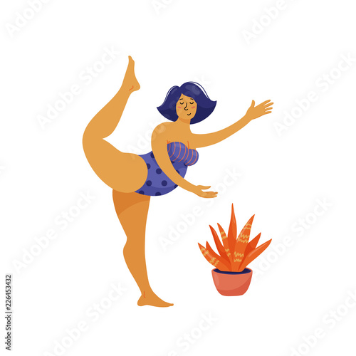 Beautiful plus size woman in swimming suit dancing ballet, flat vector illustration isolated on white background. Young pretty plus size woman dancing, body positive, self acceptance concept