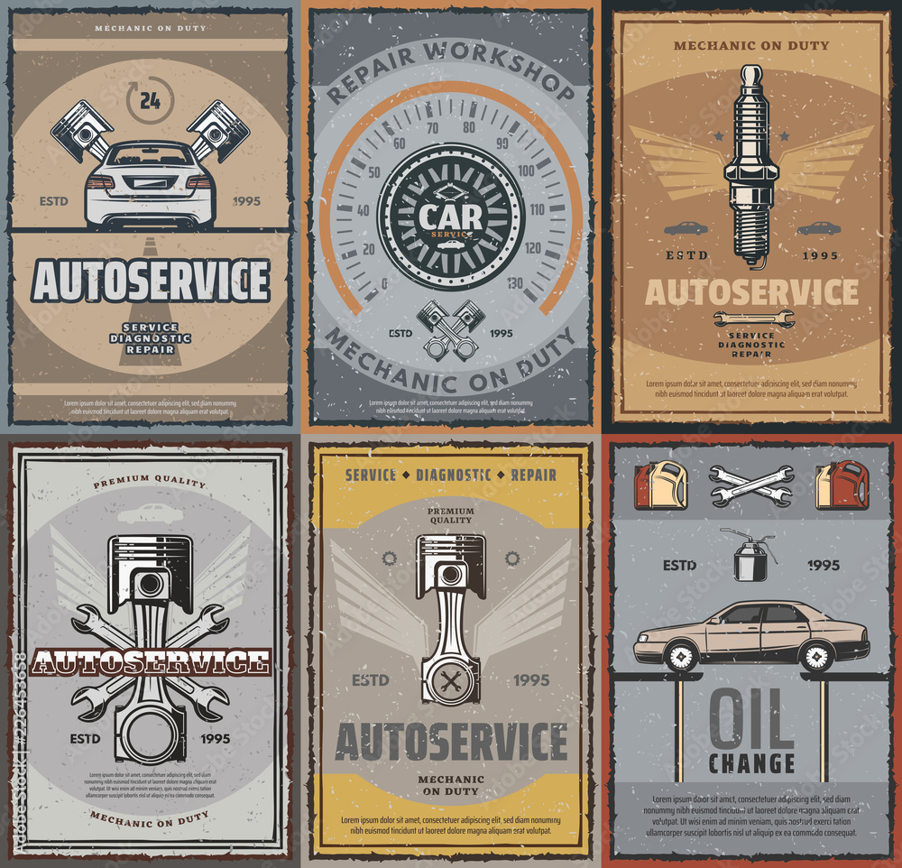 Vector car service repair retro posters