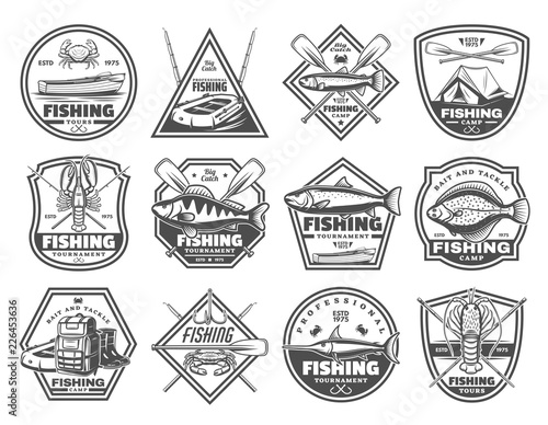 Fishing tackles and fisher tours, vector icons