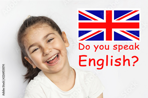 Learn English Language. Education Concept. Happy child girl face.