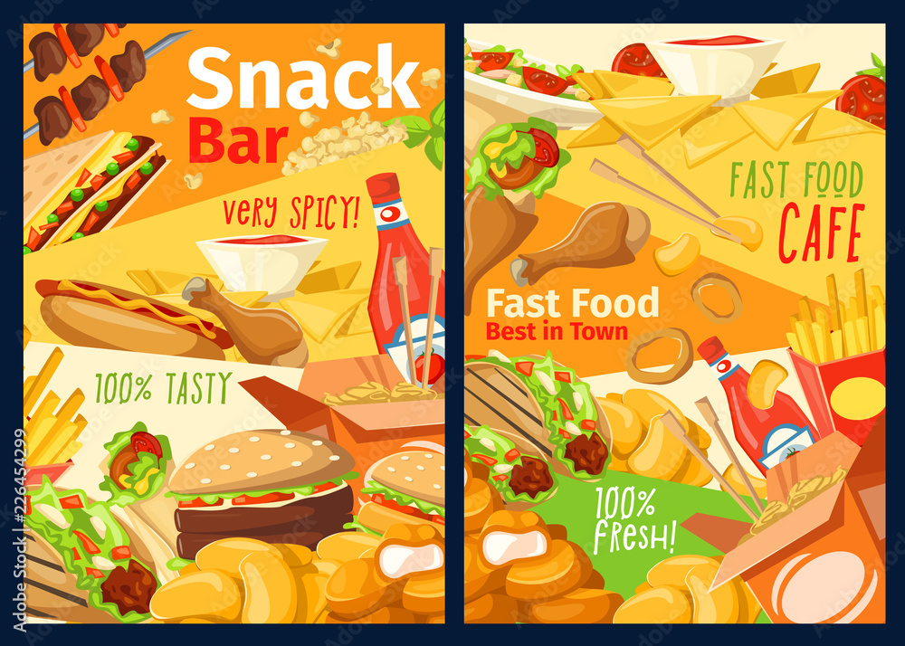 Fast food snacks, sandwiches and burgers menu