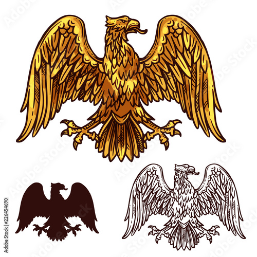 Heraldic golden egale with wings, vector sketch