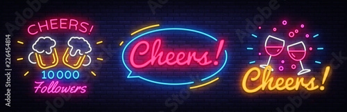 Big collection neon signs for Party celebration in pub. Cheers Neon Banner Vector, design template, modern trend design, night neon signboard, night bright advertising, light banner, light art. Vector