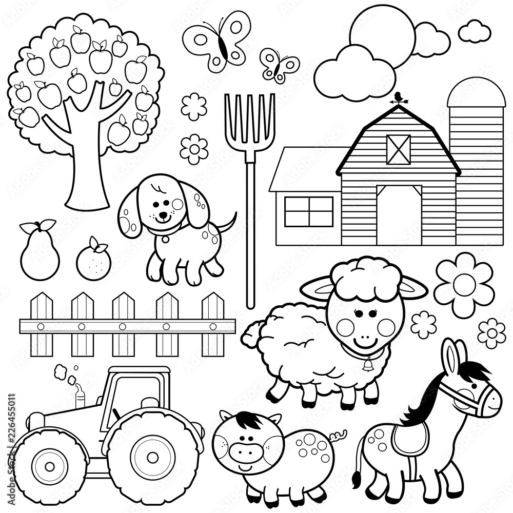 Farm collection with farmhouse and animals. Vector black and white