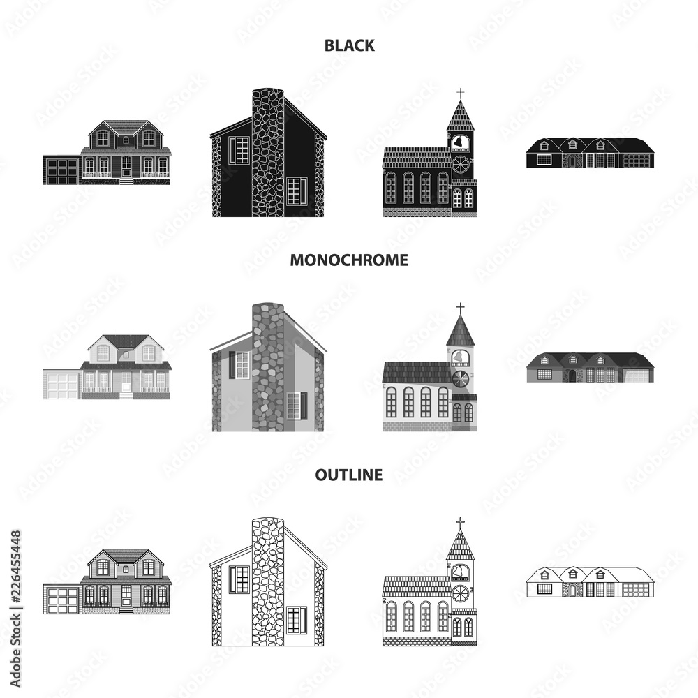 Isolated object of building and front sign. Collection of building and roof stock vector illustration.