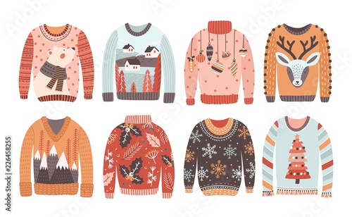 Set of ugly Christmas sweaters or jumpers isolated on white background. Collection of winter holiday knitted clothes with bizarre prints and pattern. Colored vector illustration in flat cartoon style.