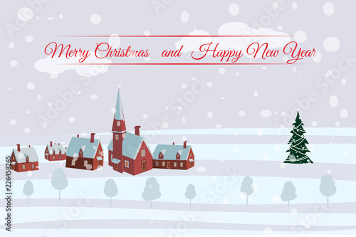 Merry Christmas and Happy New Year village houses with snow fall. Vector, cartoon style, poster, card, baner, background. © hadeev