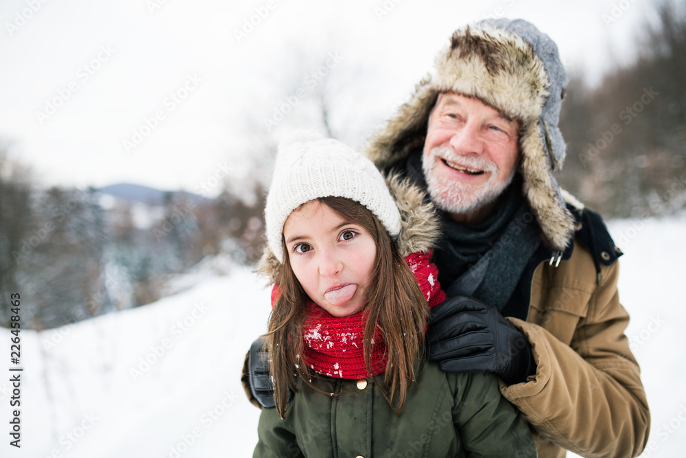 Grandfather and small girl in snow on a winter day.