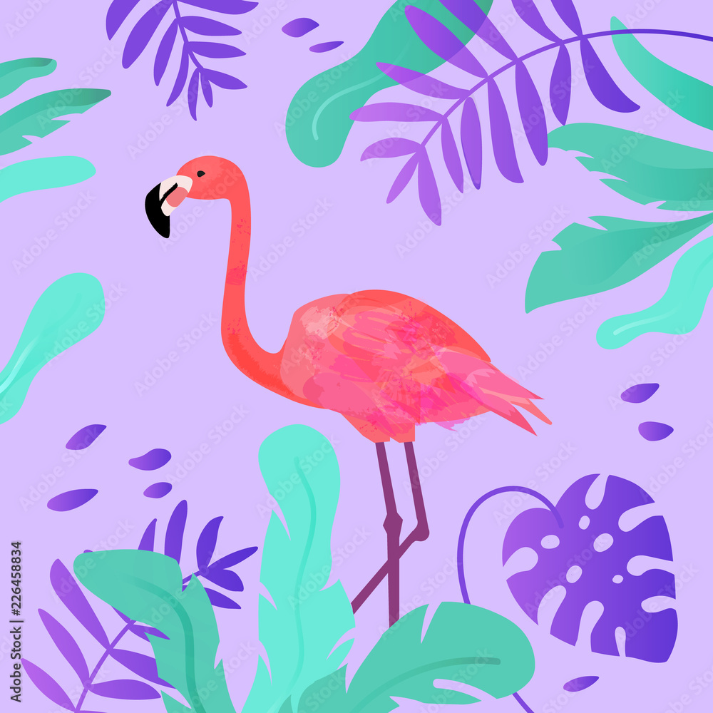 Fototapeta Flamingo and tropical leaves in vivid colors.