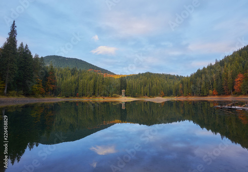 Beautiful Synevyr lake surrounded with forest.