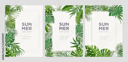Collection of vertical summer backgrounds with frames or borders made of green tropical palm leaves or jungle exotic foliage and place for text. Seasonal colorful realistic vector illustration.