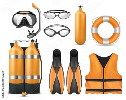 Vector realistic set of diving equipment, snorkeling mask, flippers, swim glasses, aqualung, life jacket and lifebuoy isolated on background. Scuba gear with accessories for swimming underwater