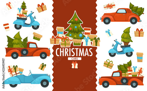 Merry Christmas, cars transporting pine trees and presents vector